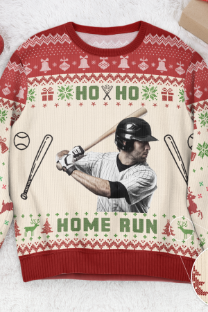Baseball Ho Ho Home Run - Personalized Photo Ugly Sweater
