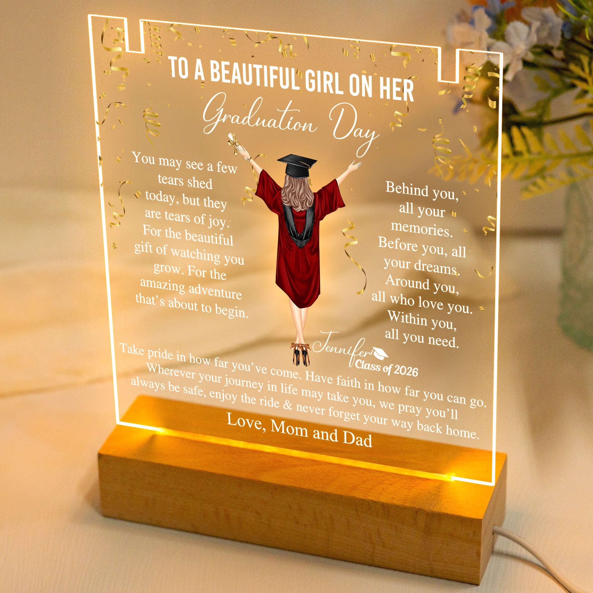 Graduation Gifts For Her - Personalized LED Light Acrylic Plaque With Infinity Necklace - Image 2