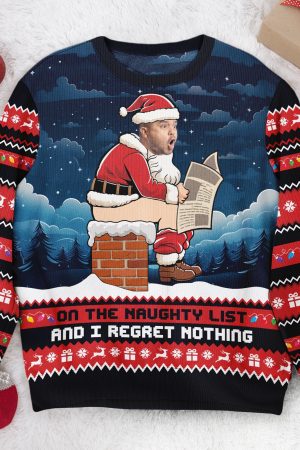 On The Naughty List And I Regret Nothing Funny Face - Personalized Photo Ugly Sweater
